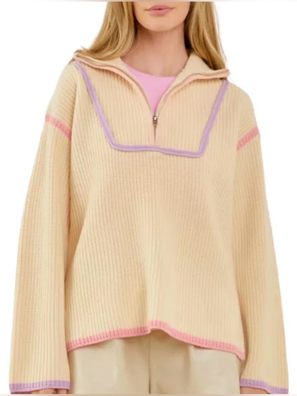Greige Rib Knit Quarter Zip Mock Neckline Cream Pastel Piping Apres Sweater NWT
